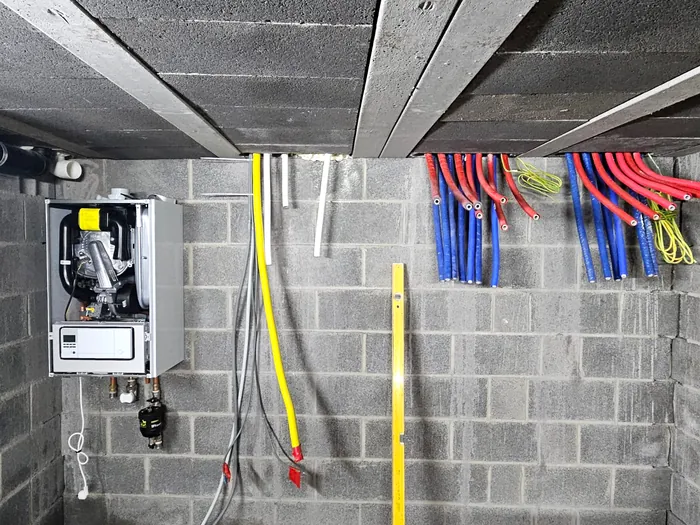 Chaudière en cours d'installation, attentes de chauffage en attente de raccordement