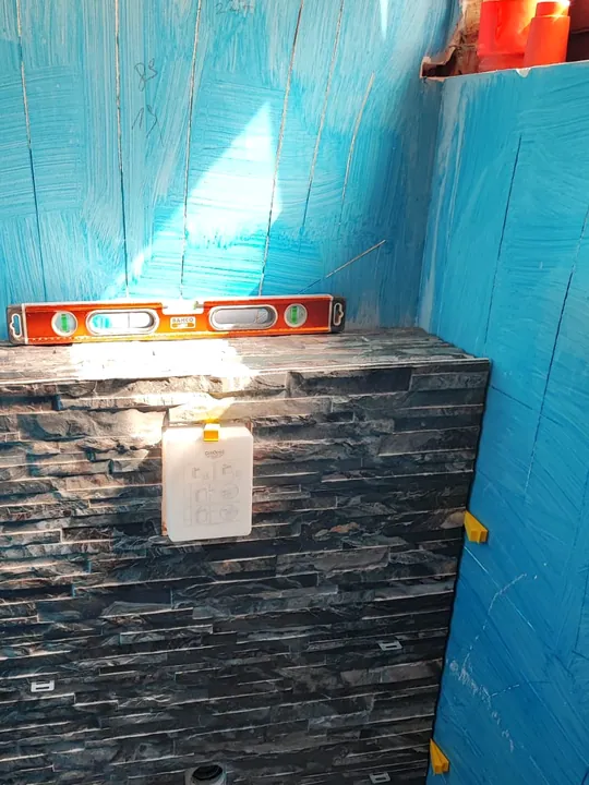 Coffrage de toilette en cours d'habillage, murs sous membrane d'étanchéité